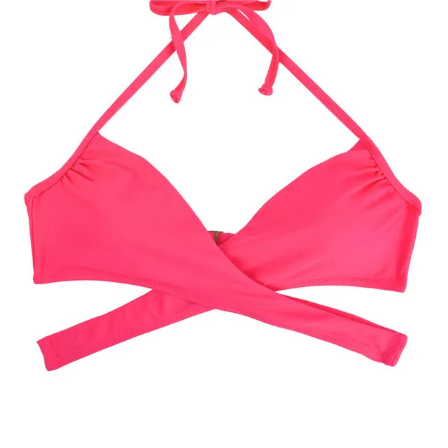 Women Chest Cross Bikini Top Swimwear Print Push Up Swimsuit Beach Sport Swimming Bra Sexy Halter Girls Solid Biquini T608