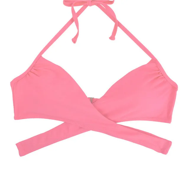 Women Chest Cross Bikini Top Swimwear Print Push Up Swimsuit Beach Sport Swimming Bra Sexy Halter Girls Solid Biquini T608