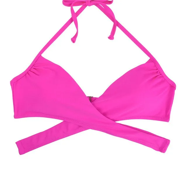 Women Chest Cross Bikini Top Swimwear Print Push Up Swimsuit Beach Sport Swimming Bra Sexy Halter Girls Solid Biquini T608