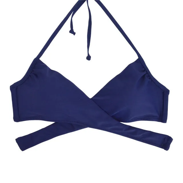 Women Chest Cross Bikini Top Swimwear Print Push Up Swimsuit Beach Sport Swimming Bra Sexy Halter Girls Solid Biquini T608