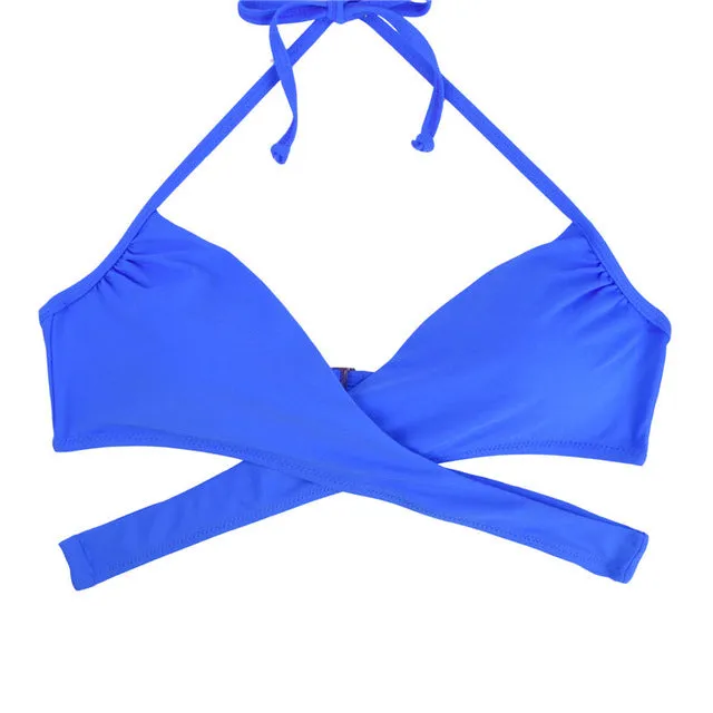 Women Chest Cross Bikini Top Swimwear Print Push Up Swimsuit Beach Sport Swimming Bra Sexy Halter Girls Solid Biquini T608