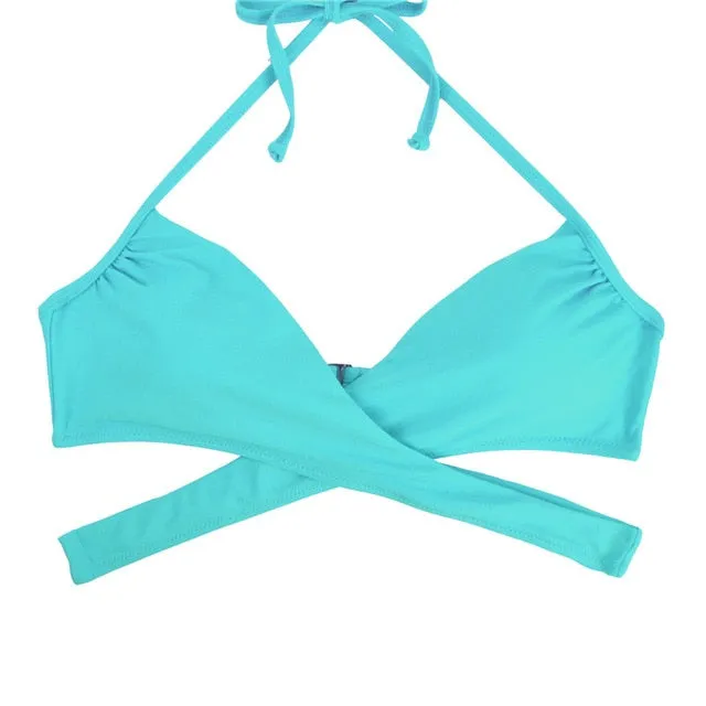 Women Chest Cross Bikini Top Swimwear Print Push Up Swimsuit Beach Sport Swimming Bra Sexy Halter Girls Solid Biquini T608