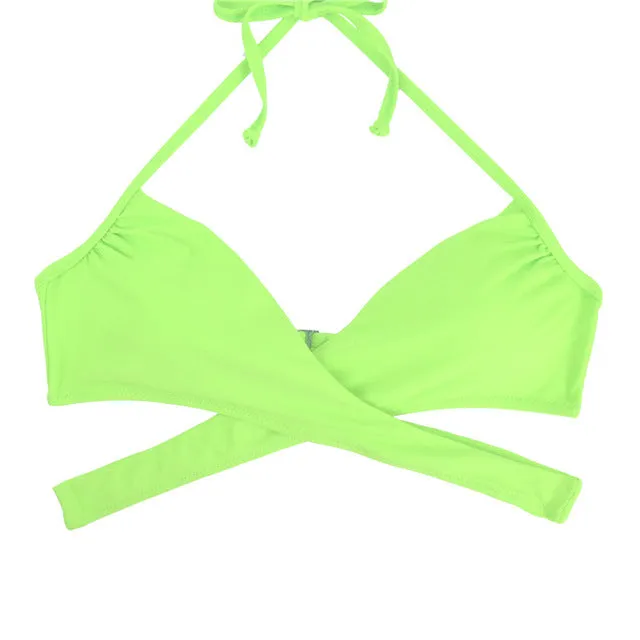 Women Chest Cross Bikini Top Swimwear Print Push Up Swimsuit Beach Sport Swimming Bra Sexy Halter Girls Solid Biquini T608