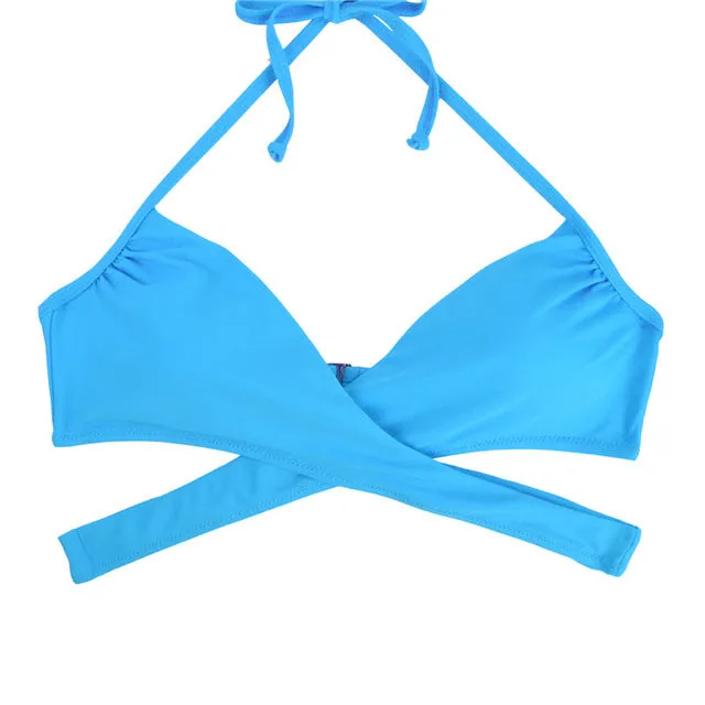 Women Chest Cross Bikini Top Swimwear Print Push Up Swimsuit Beach Sport Swimming Bra Sexy Halter Girls Solid Biquini T608