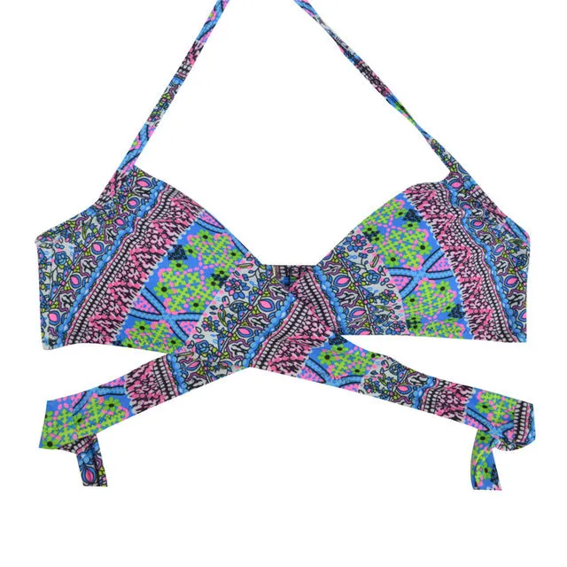 Women Chest Cross Bikini Top Swimwear Print Push Up Swimsuit Beach Sport Swimming Bra Sexy Halter Girls Solid Biquini T608