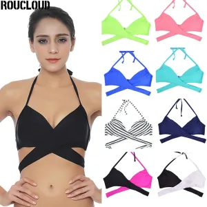 Women Chest Cross Bikini Top Swimwear Print Push Up Swimsuit Beach Sport Swimming Bra Sexy Halter Girls Solid Biquini T608