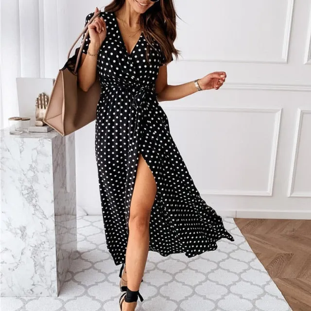 Women Dresses Summer Fashion Polka Dot Split Boho Dress Women Clothing Casual Beach Vacation Long Dresses Vestido De Mujer