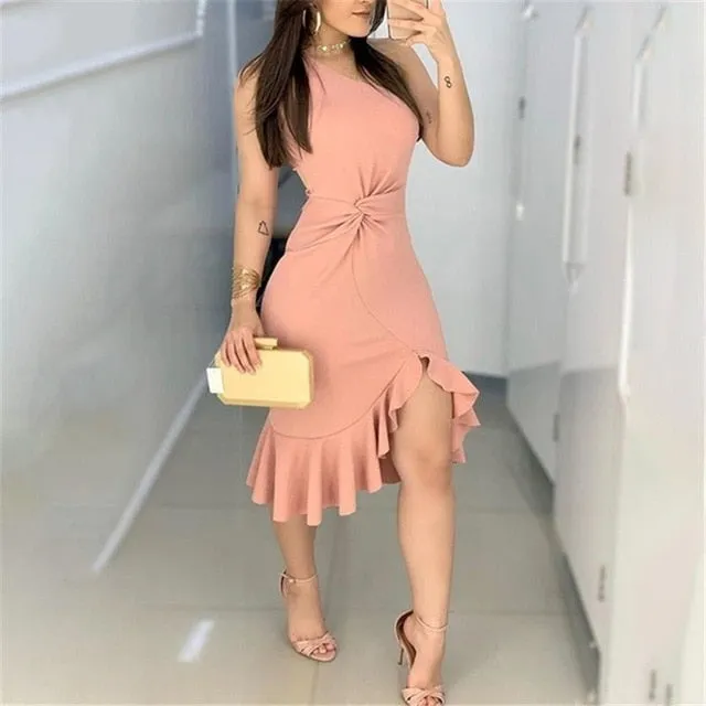 Women Fashion Elegant Lady Dress Party Sweet Workwear Dress Casual One Shoulder Waist Twisted Ruffles Hem Dress