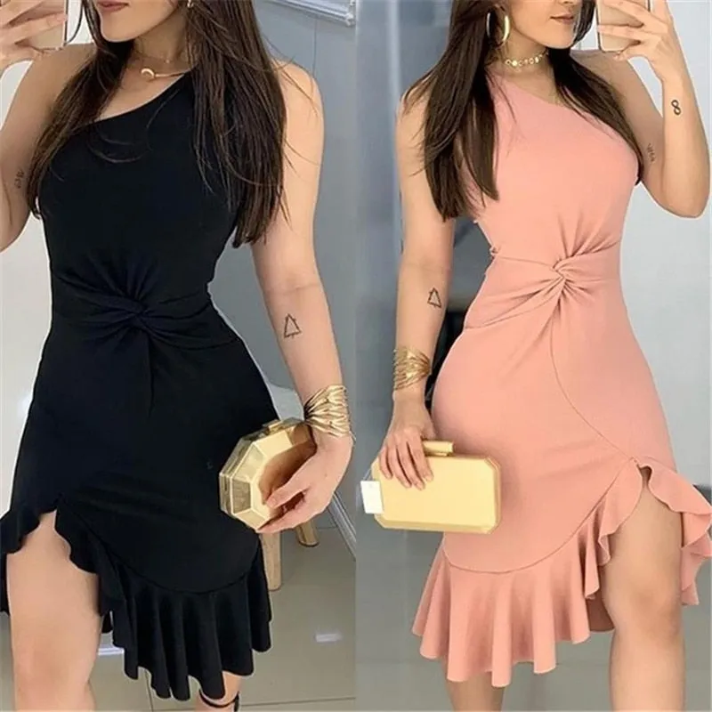 Women Fashion Elegant Lady Dress Party Sweet Workwear Dress Casual One Shoulder Waist Twisted Ruffles Hem Dress