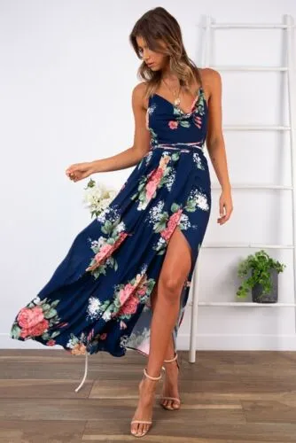 Women Floral Maxi Printed V Neck Dress Prom Evening Party Summer Beach Casual Long Sun dress