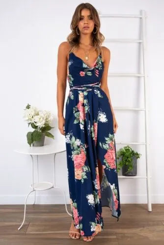 Women Floral Maxi Printed V Neck Dress Prom Evening Party Summer Beach Casual Long Sun dress