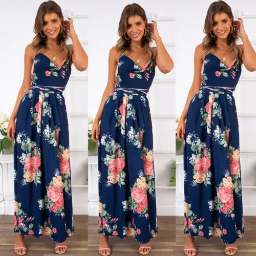 Women Floral Maxi Printed V Neck Dress Prom Evening Party Summer Beach Casual Long Sun dress