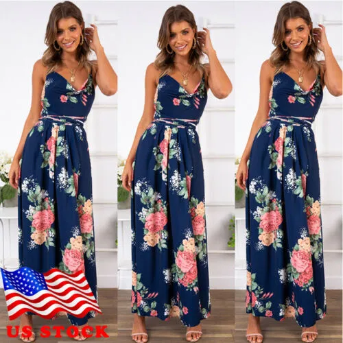 Women Floral Maxi Printed V Neck Dress Prom Evening Party Summer Beach Casual Long Sun dress