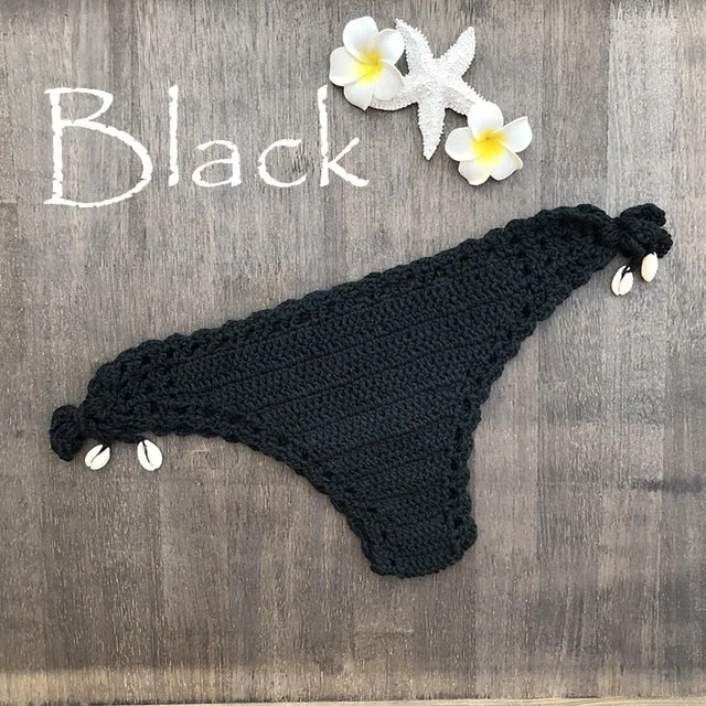 Women Sport Sexy Bikini Thong Handmade Crochet Swimwear Bikini Bottom Hollow-out Low Waist Bathing Suit