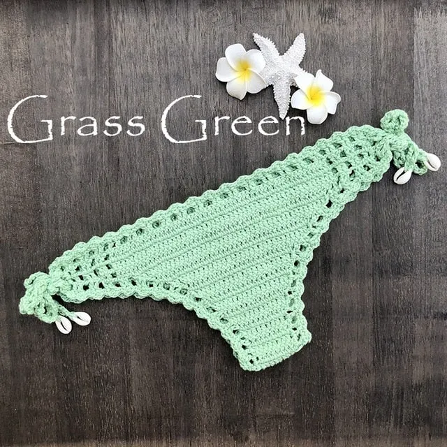 Women Sport Sexy Bikini Thong Handmade Crochet Swimwear Bikini Bottom Hollow-out Low Waist Bathing Suit