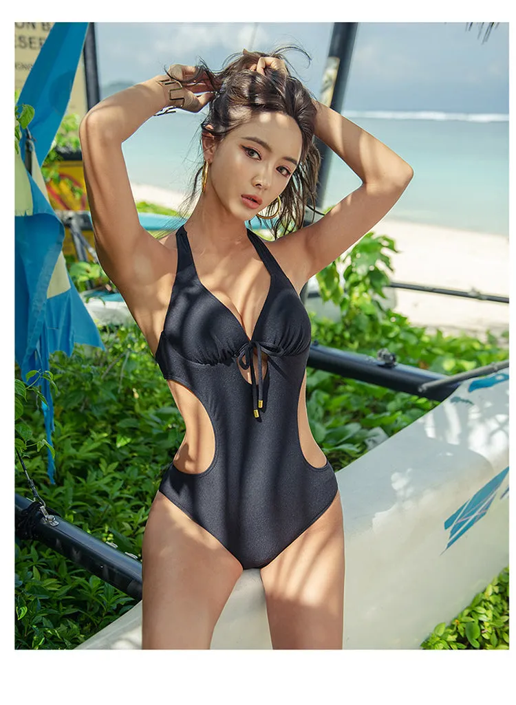Women Swimsuit Solid Strap One Piece Bikini V Neck Trikini Swimwear