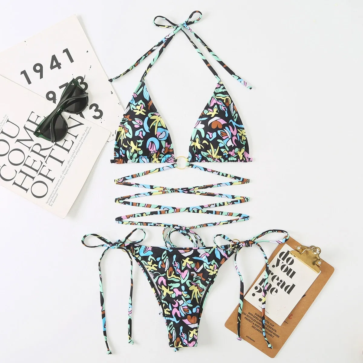 Women Swimwear Bikini Hollow Out Swimsuit Thong String Bikini Set