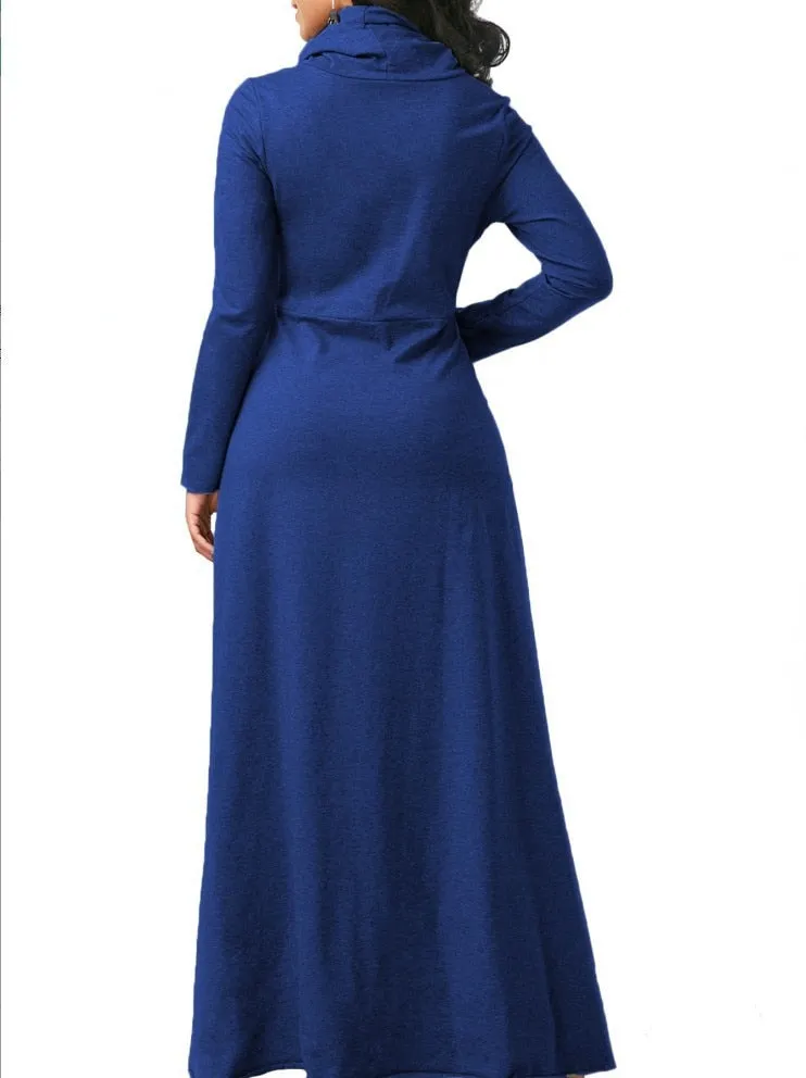 Women Warm Dress With Pocket Casual Solid Vintage Autumn Winter Maxi Dress Robe Bow Neck Long Elegant Dress