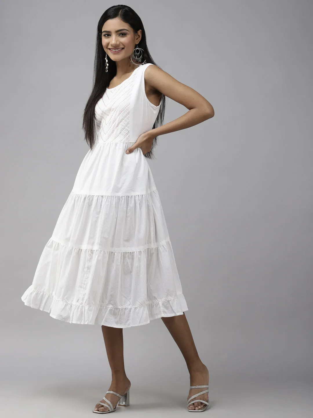 Women White Tiered Midi Dress With Stripe Jacket
