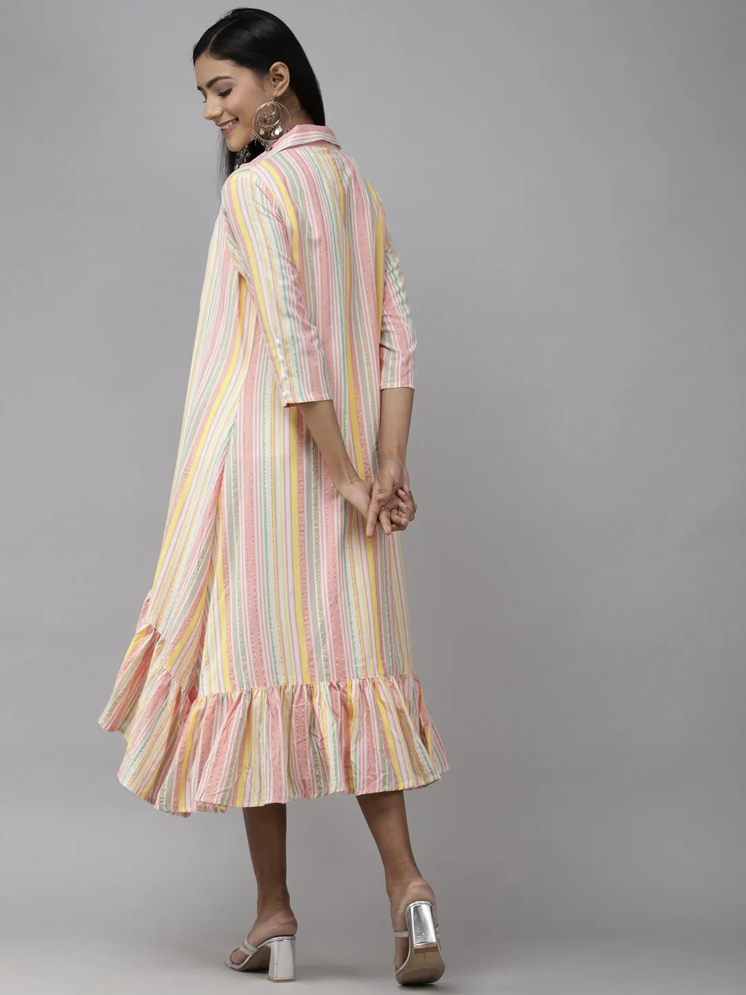 Women White Tiered Midi Dress With Stripe Jacket