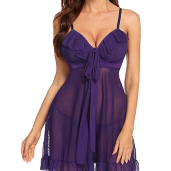 Women Babydoll Ruffle Halter Chemise V Neck Sleepwear Lingerie