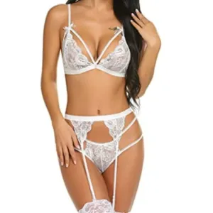Women Lingerie Set Lace Teddy Strap Babydoll Bodysuit with Garter Belts