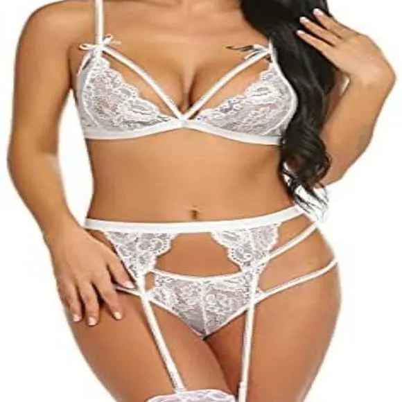 Women Lingerie Set Lace Teddy Strap Babydoll Bodysuit with Garter Belts