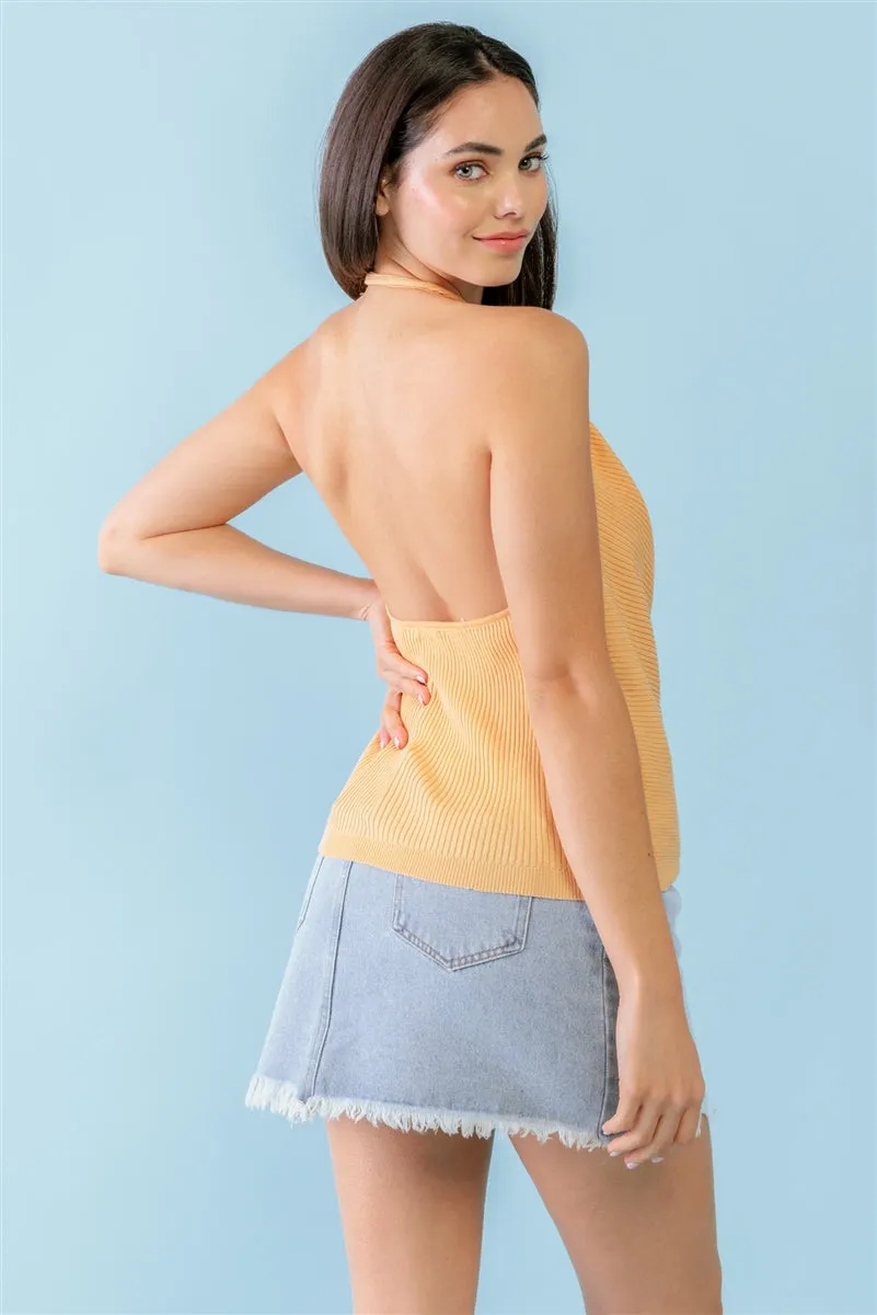 Women's Apricot Ribbed Cowl Neck Sleeveless Top
