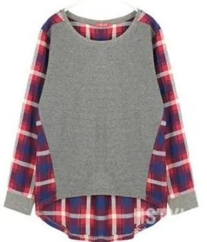 Women's Casual Patchwork Plaid Loose Fitting Top
