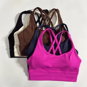 Women's Cross Back Fitness Bra - Solid Color Yoga Vest with Chest Pad