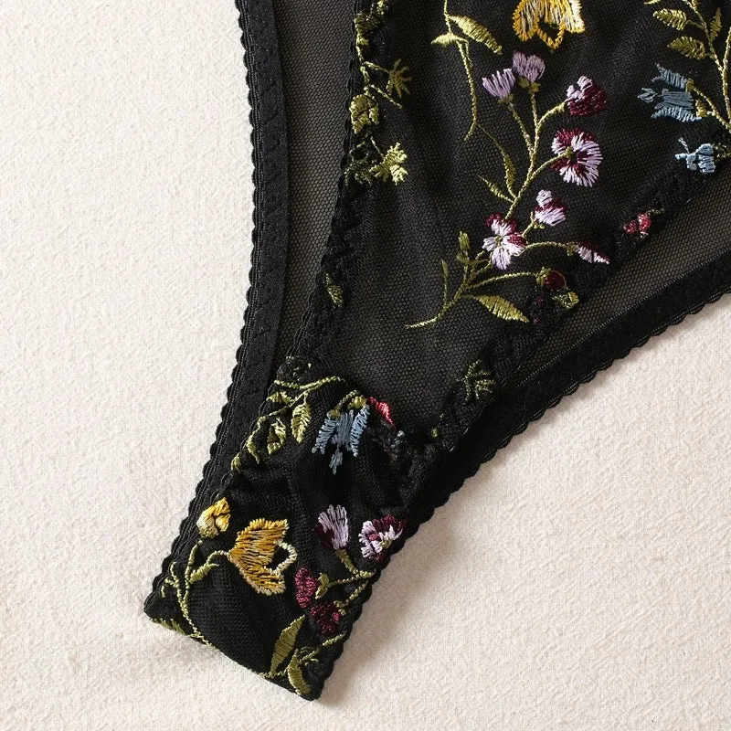 Women's Embroidered Floral Print See Through Bra & Thong Set