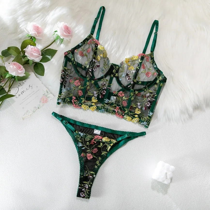 Women's Embroidered Floral Print See Through Bra & Thong Set