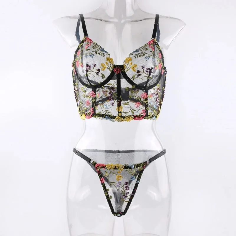 Women's Embroidered Floral Print See Through Bra & Thong Set