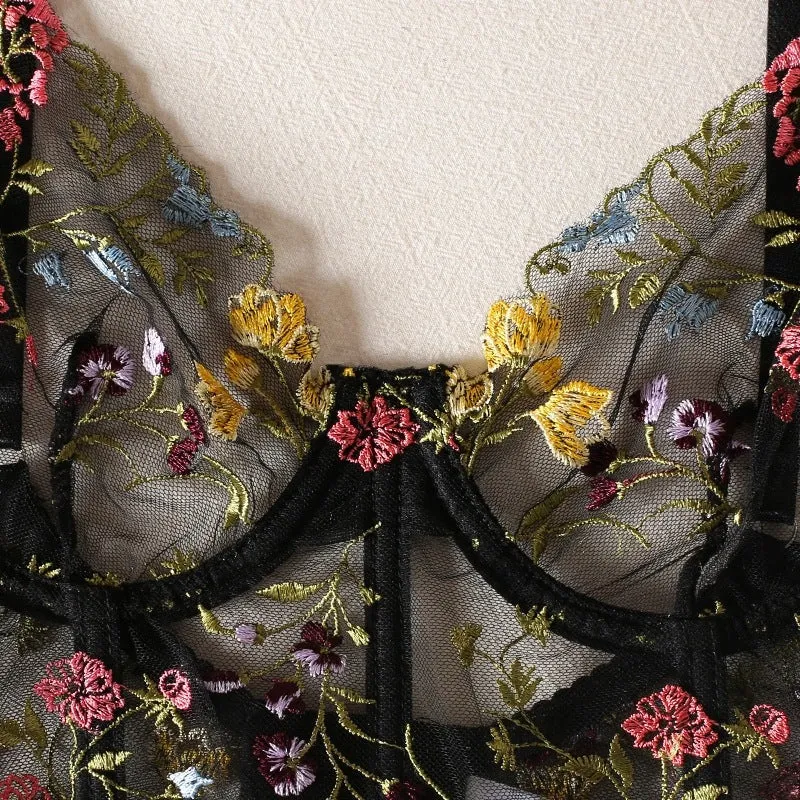 Women's Embroidered Floral Print See Through Bra & Thong Set