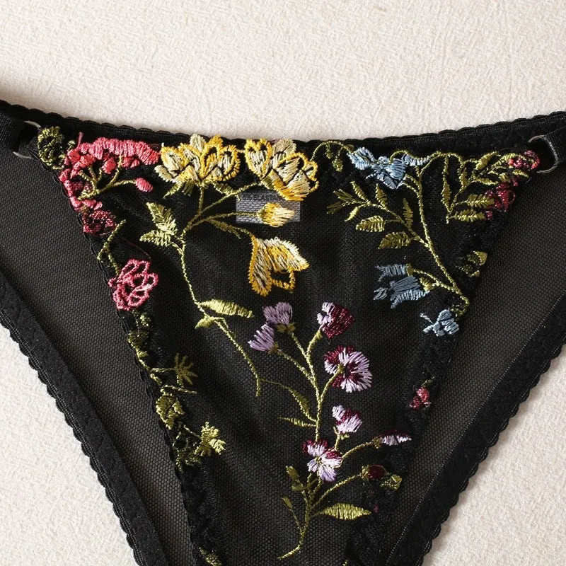 Women's Embroidered Floral Print See Through Bra & Thong Set