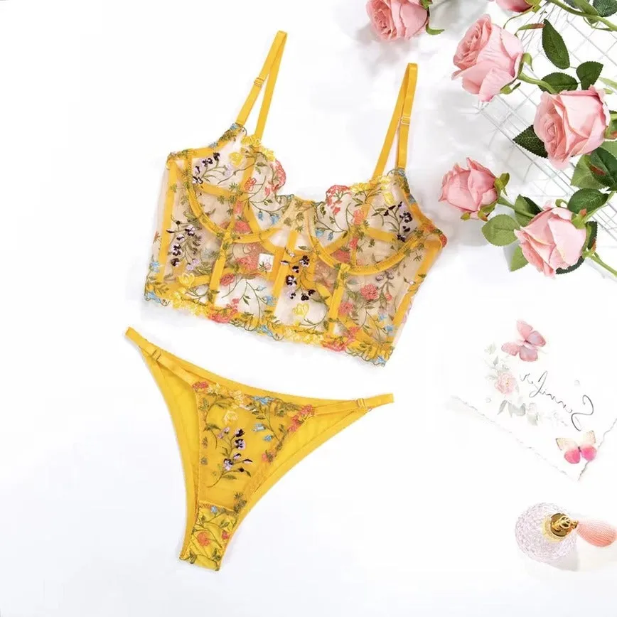 Women's Embroidered Floral Print See Through Bra & Thong Set