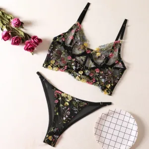 Women's Embroidered Floral Print See Through Bra & Thong Set