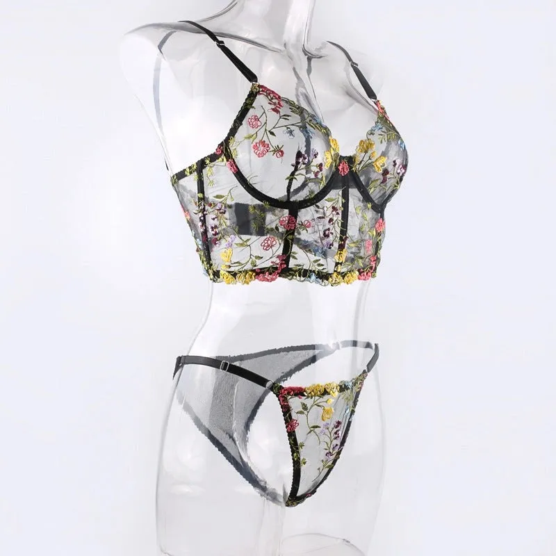 Women's Embroidered Floral Print See Through Bra & Thong Set