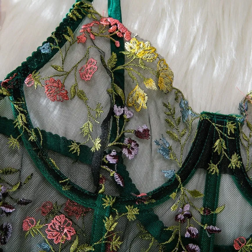 Women's Embroidered Floral Print See Through Bra & Thong Set