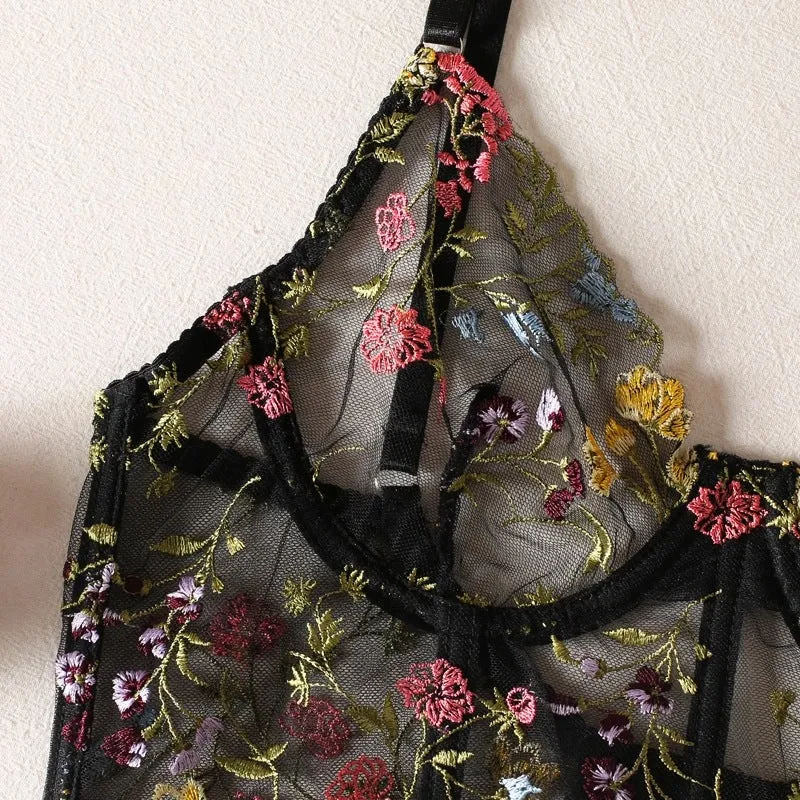 Women's Embroidered Floral Print See Through Bra & Thong Set