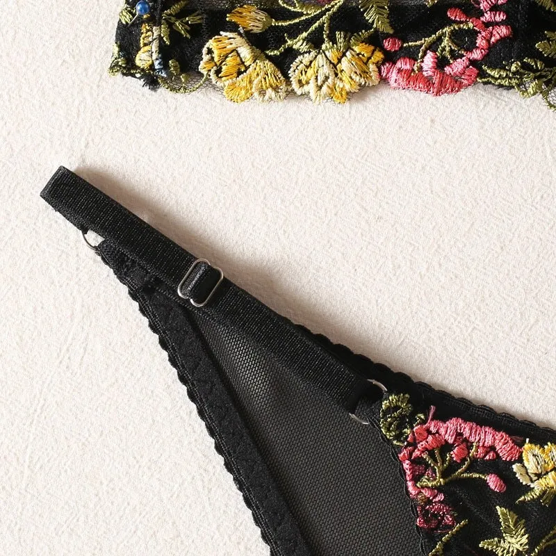 Women's Embroidered Floral Print See Through Bra & Thong Set