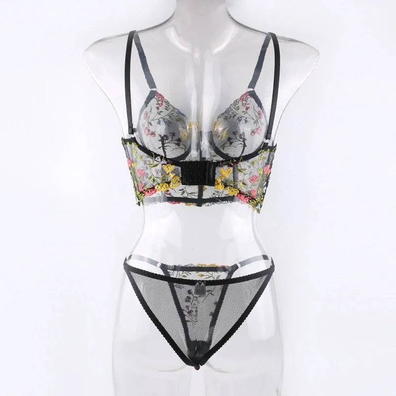 Women's Embroidered Floral Print See Through Bra & Thong Set