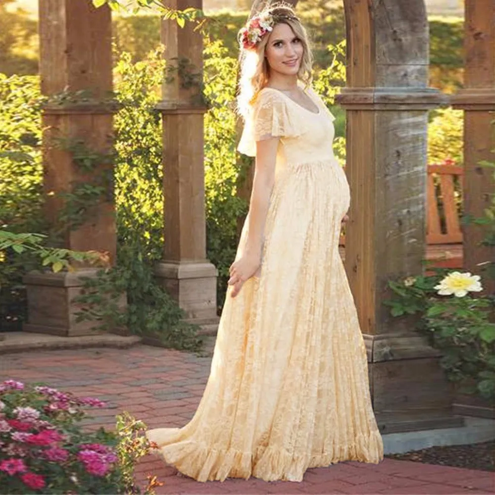 Women's Long Lace Romantic Portrait Maternity Dress