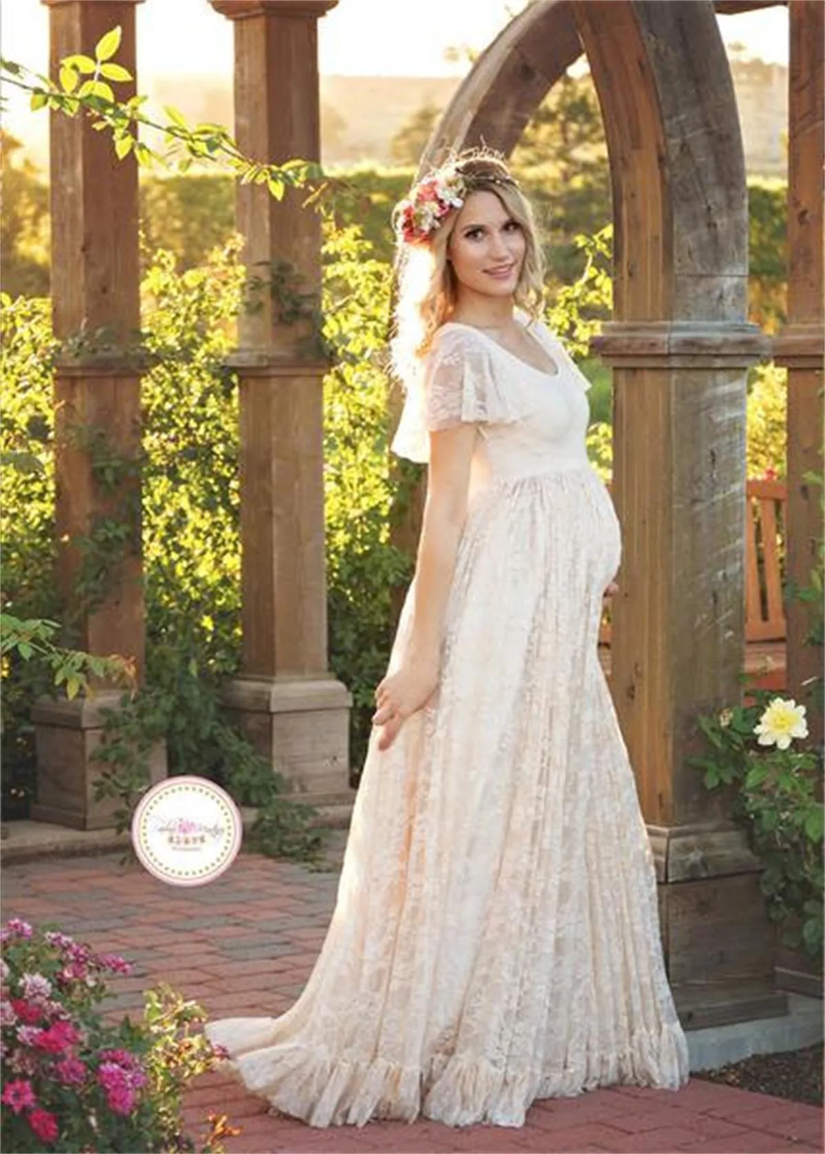 Women's Long Lace Romantic Portrait Maternity Dress