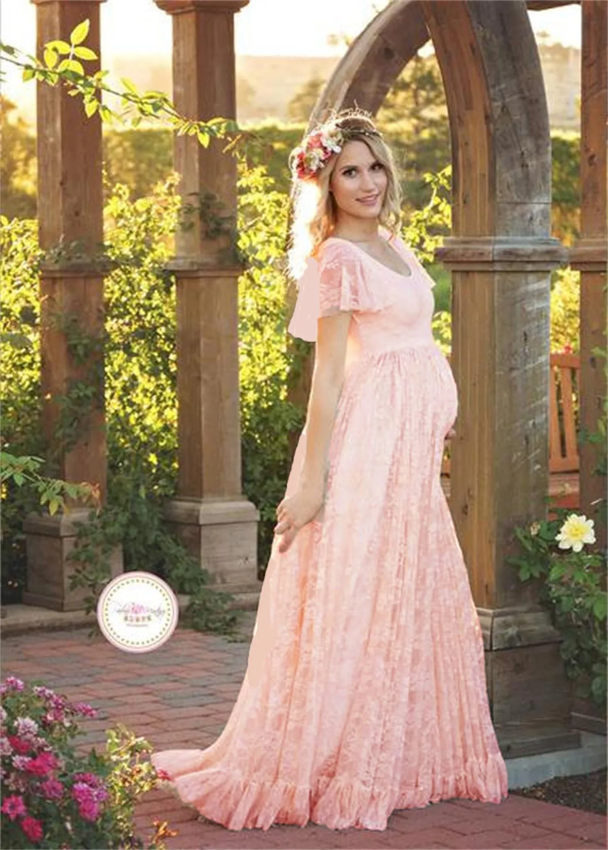 Women's Long Lace Romantic Portrait Maternity Dress
