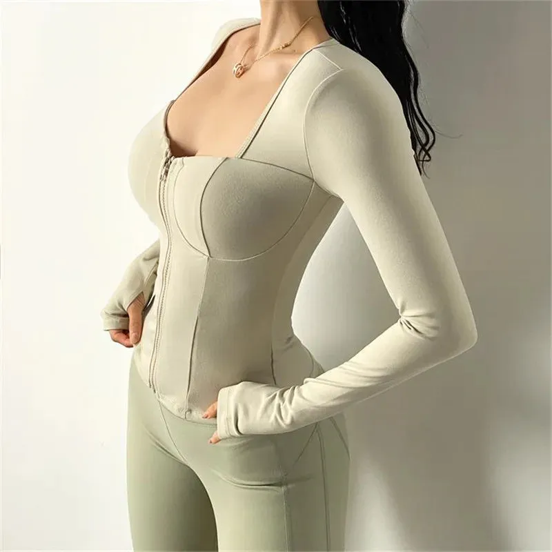 Women's Long Sleeve Yoga Shirt with Inner Pad - Bodybuilding Yoga Top, Dry Fit Gym Sportswear, Workout Top