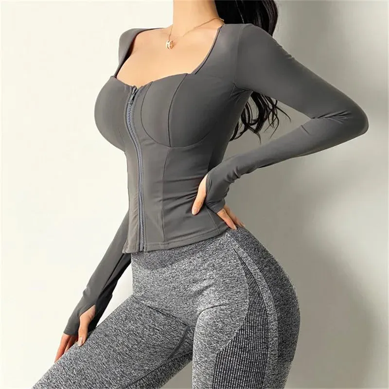 Women's Long Sleeve Yoga Shirt with Inner Pad - Bodybuilding Yoga Top, Dry Fit Gym Sportswear, Workout Top