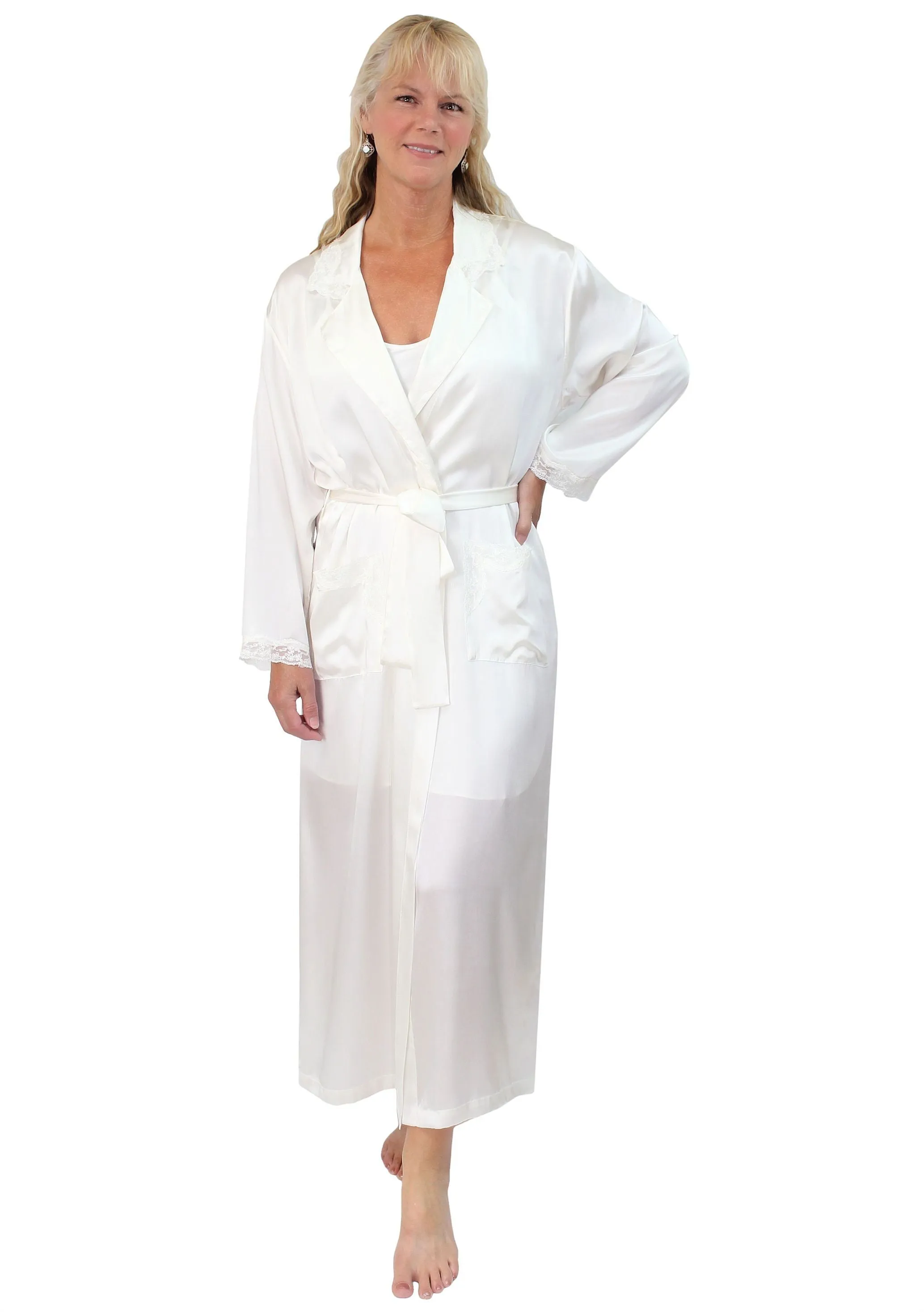 Women's Natural Mulberry Silk Satin Bathrobe with Lace Trim