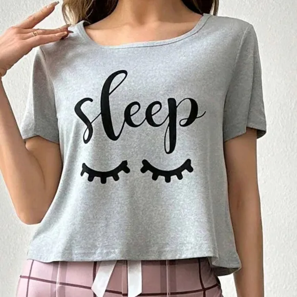 Women's Pajama Top With Letter, Cartoon Eyelash Print