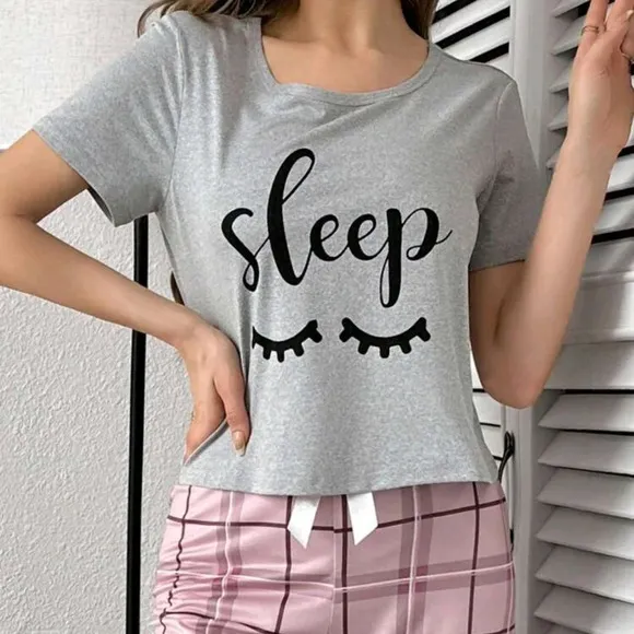 Women's Pajama Top With Letter, Cartoon Eyelash Print